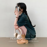 Piggy overfit washed denim short sleeve shirt + banded jean shorts short pants