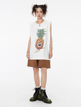 Fruit print casual loose round neck sleeveless vest.