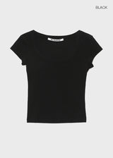 [B-BASIC] ベーシックリブワイドUネックキャップスリーブ半袖トップ (2 Size)