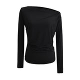 アンバランスオフショルダーシャーリングベーシック長袖Tシャツ