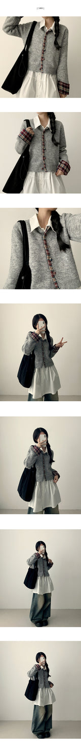 Teat Check Point Button Knit Cardigan