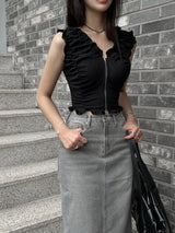 SALE! Gray washed denim back slit H-line long skirt (Gray)