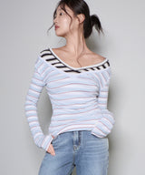 スリムVネックストライプTシャツ