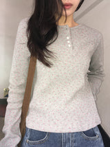 シュージフラワーワッフルヘンリーネック長袖Tシャツ