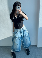 スリムUネックスナップクロップショートスリーブフード🖤🩶🤍 - 3カラーズ