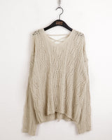 Seomit punching two-way eyelet back strap V-neck overfit long sleeve knit