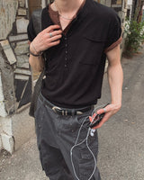 [1+1] Kato Henley Neck Slub Short Sleeve T-shirt