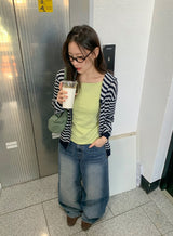 Yumehi Stripe Punching Hood Zip-Up Cardigan