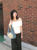 Sirom Ribbon Strap Ribbed Off Shoulder Short Sleeve T-Shirt