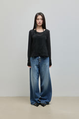 Wide Button Denim Pants