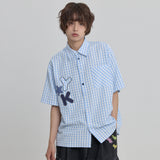 Check Applique Button Half Shirt