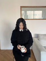 [UNISEX] Overfit velor off shoulder double snap button long sleeve knit T (4 colors)