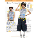 BETWEENAND サマー イエロー ストライプ Vネック スリムフィット ウエストシェイプ ショートスリーブ Tシャツ
