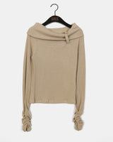 Vision Belt Buckle Shirring Ribbed Off-Shoulder T-Shirt