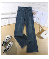 Dark Star Rhinestone Micro Flare Jeans – High Waist Relaxed Fit Wide Denim
