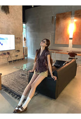 Dot Silk Shirring Strap Short-Sleeved Blouse