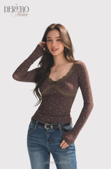 ブラウン フラワー Vネック ロングスリーブ Tシャツ