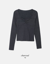 Raymi Heart Neck Shirring Slim Rib T-Shirt (4color)