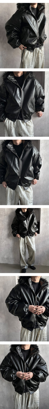 [F/W] Leather raccoon fur hood jumper