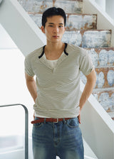 Stripe slim henley neck half t-shirts(Ivory)