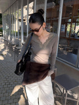 wool base lace V-neck long-sleeved t-shirt