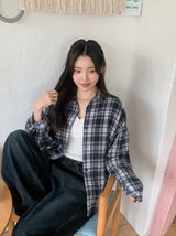 #Deep Blue Vintage Check Loose Shirt