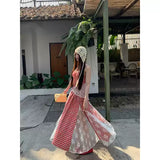 Red cherry checkered lace sleeveless long dress