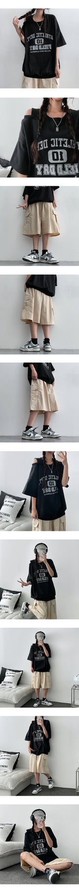 Verbe Unbalanced Shoulder Slit Short Sleeve Sweatshirt