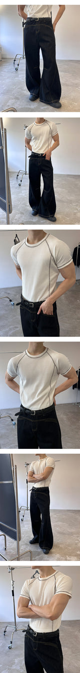 [MUSCLE FIT] ステッチワッフルハーフTシャツ(3color)