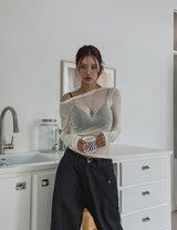 オータムシースルーボートネックTシャツ