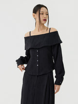 Scratch Cape Off-Shoulder Belted Shirt, Black