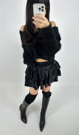 (SUPER CUTE/BUILT-IN SHORTS/ELASTIC WAIST♥) 2 COLORS ベルベットカンカンフレアストレッチミニスカート