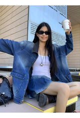 denim loose fit collar zip-up jacket two-piece (skirt set)