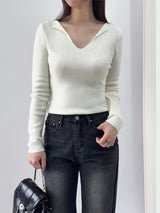 Ciar Collar V-Neck Slit Ribbed Long Sleeve Knit