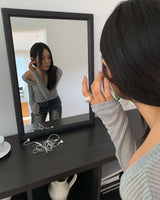 Rine リブ編みVネックシアーロングスリーブTシャツ