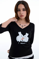 Rabbit Lace V-Neck Tee [Black]
