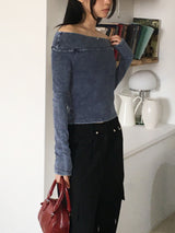Tinted denim washed unbalanced off-shoulder t-shirt