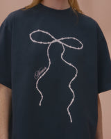 ウェーブパールリボンTシャツ-CHARCOAL