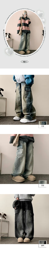 クレウエストバンドにスリット入りカーゴデニムワイドパンツ