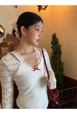 レースバックシースルーレイヤードニットウェアTシャツ