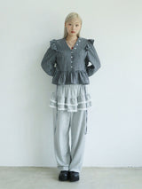 BUTTON CHECK FRILL BLOUSE(CHARCOAL)