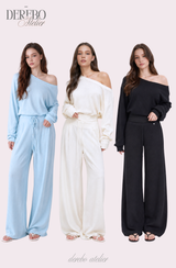 ワッフル アシンメトリカル オフショルダー スウェットパンツ セット (TOP+PANTS SET)