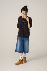 Cable Washing Short-Sleeved Knitwear - Navy