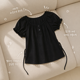 Itf Side Line Shirring Strap Button Short Sleeve Blouse (3 colors)