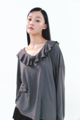 Rose Brooch Frill Long Sleeve Charcoal