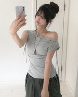 Rohe Eyelet Strap Unbalance Shoulder Tee