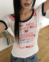プリーツオフショルダーレタリングプリントカラーリング半袖Tシャツ