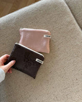 リネン フローラル フラットポーチ - ブラウン, Sサイズ