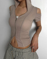 Big-Hoodie Cutout Zip-up Short Sleeve (3C)