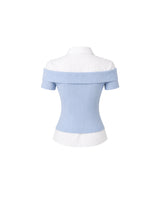 Elly Off-Shoulder Tie Ribbed Short Sleeve Knit T-Shirt Skyblue